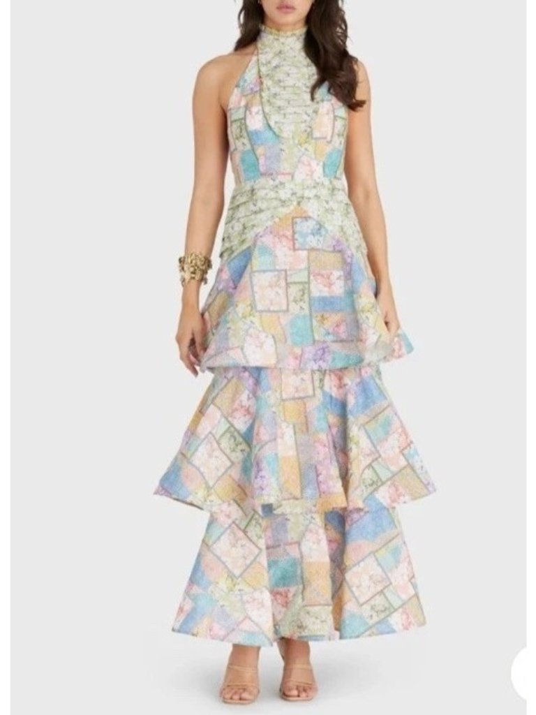 New Anthropologie Aqua Blu Joan Halter Tiered Maxi Dress Patchwork Womens S